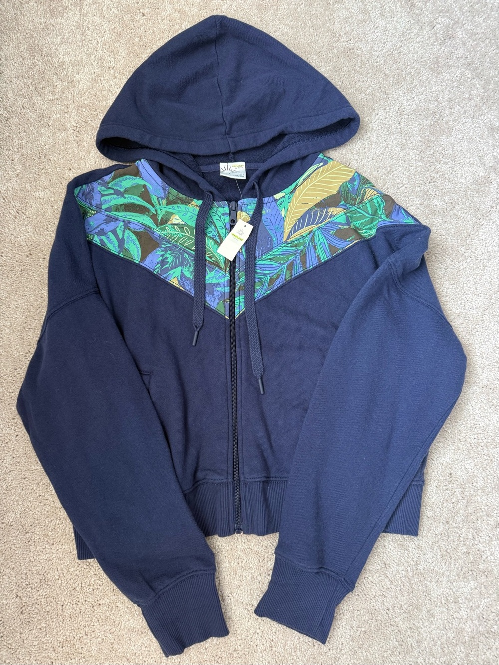 NEW Offline by Aerie Navy Zip-Up Hoodie with Green & Teal Leaf Yoke